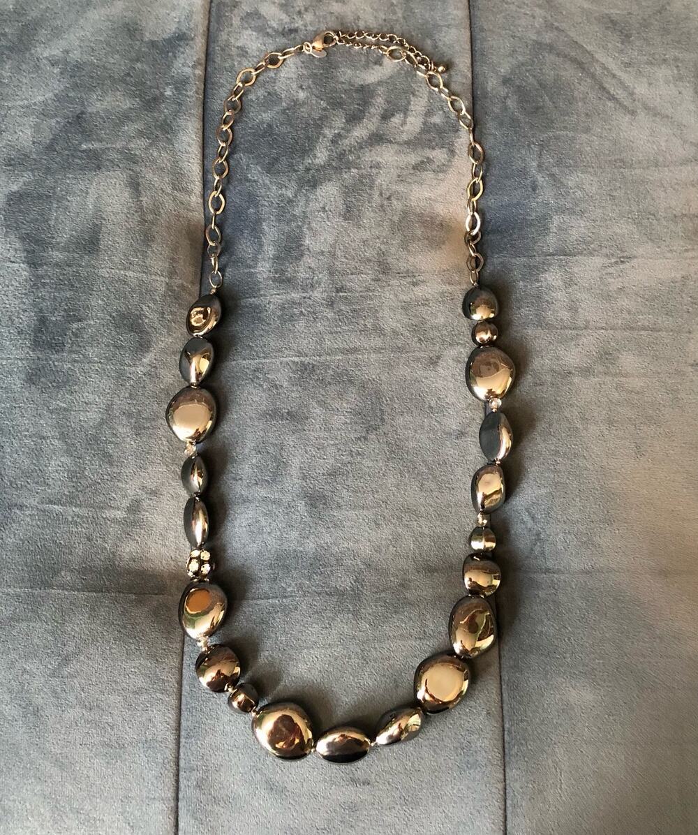 Chico's Long Gray Black Necklace w/ Rhinestones Hematite Look Dressy Modern